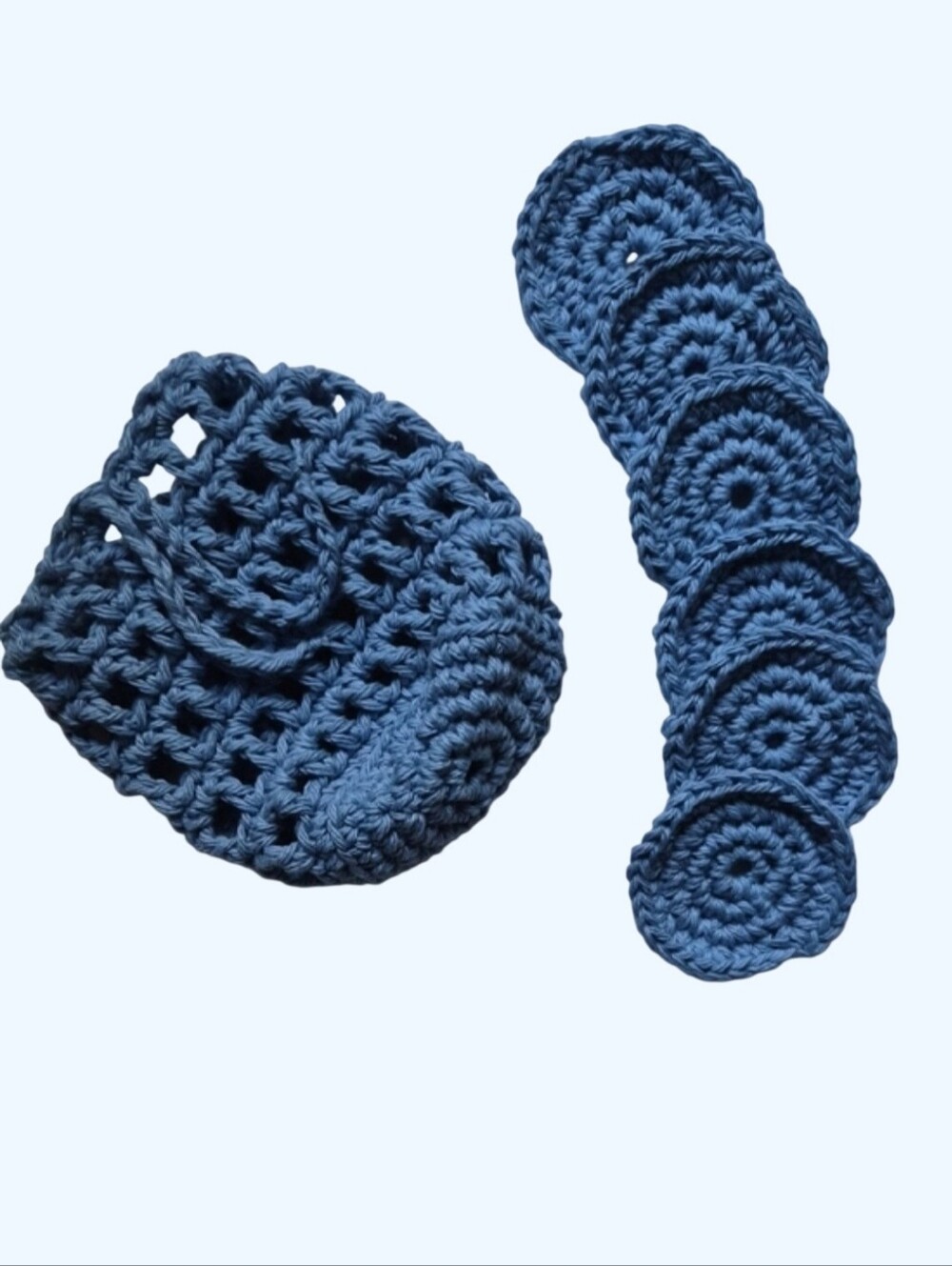 Handmade Crocheted Face Scrubbies With Draw String Holder Pouch Bag-Light Blue